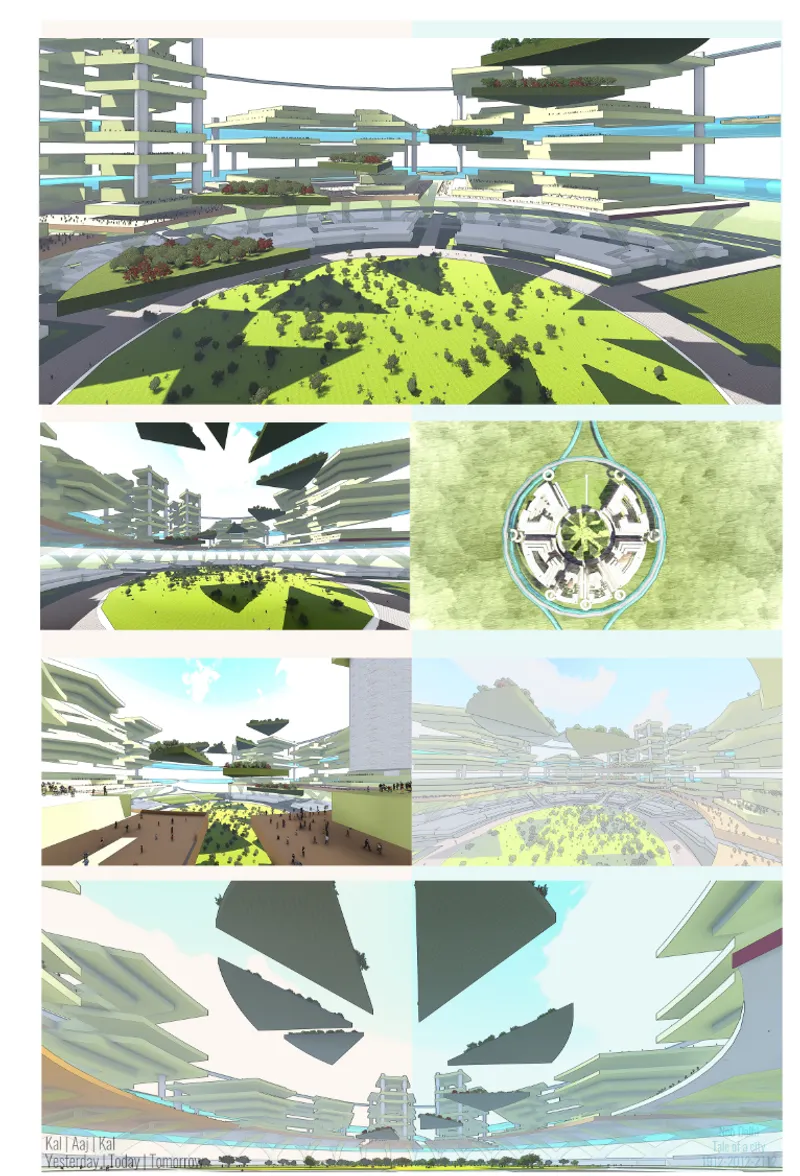 Composite view of axonometric drawings showing stacked cantilevered floors surrounding a central green park