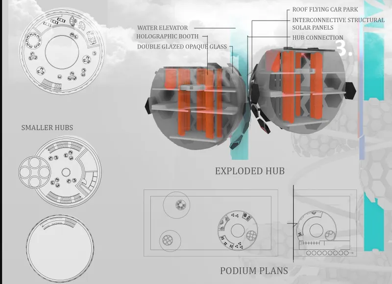 Exploded axonometric drawing revealing the interior organization of spherical modules with orange partition walls and interconnecting bridges