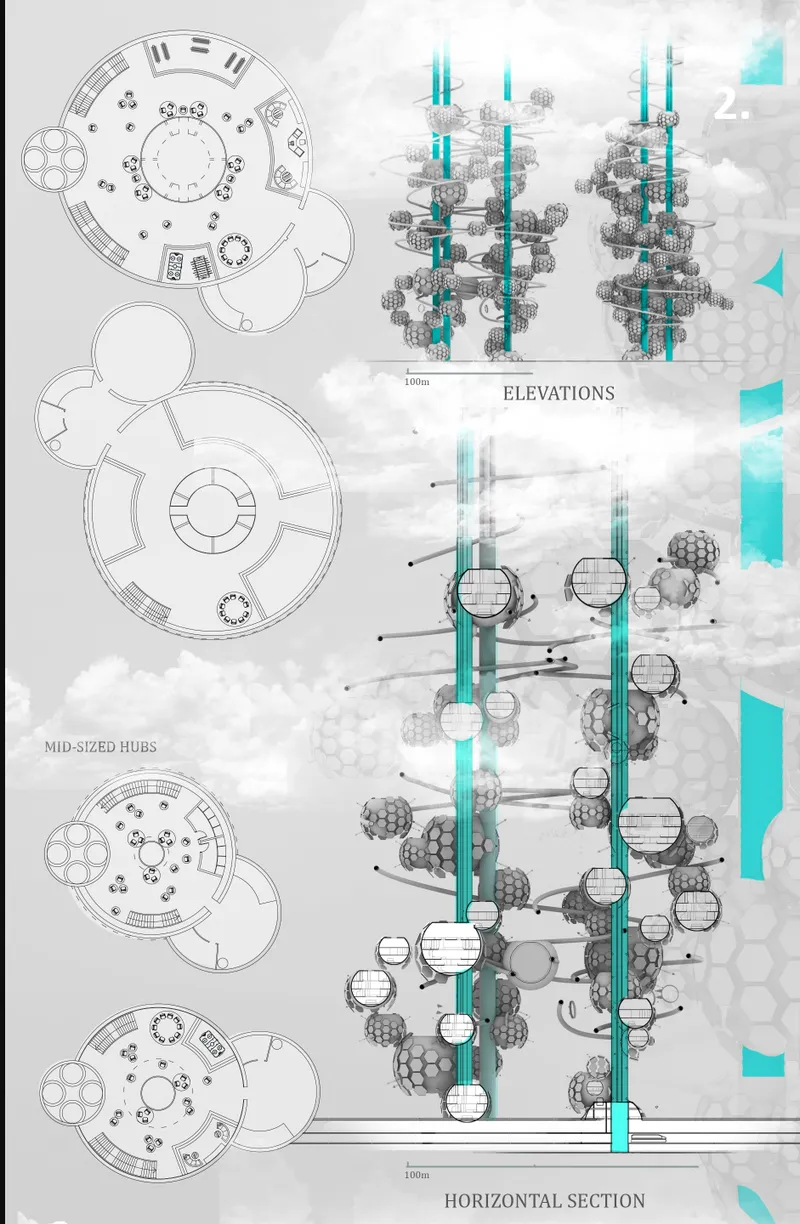 Architectural drawings showing floor plans and elevation views of a vertical tower with modular hub units