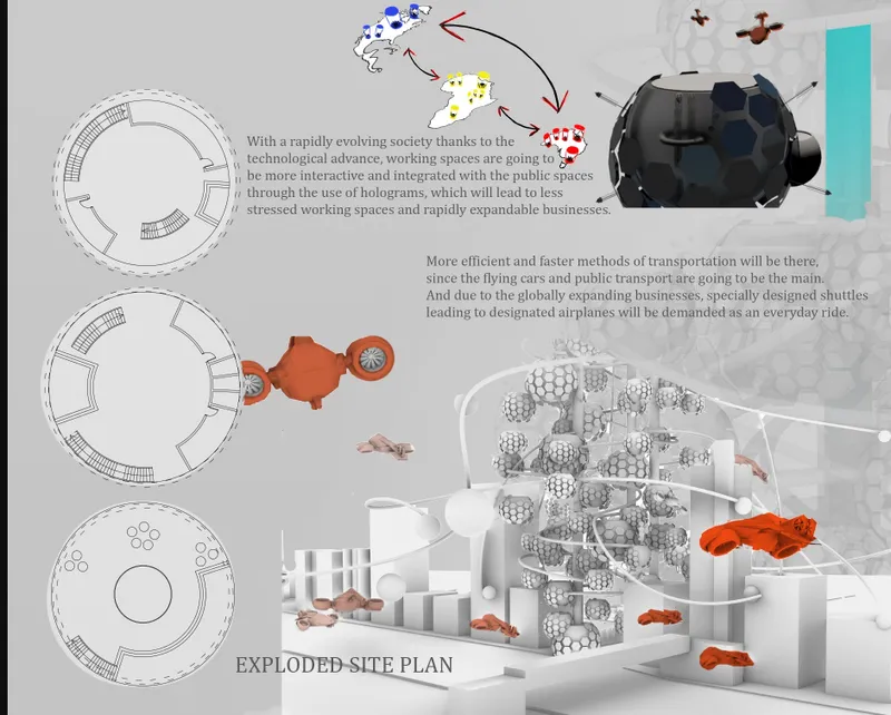 Conceptual site plan drawing showing a vertical cluster of spherical modules with orange flying vehicles and circulation paths
