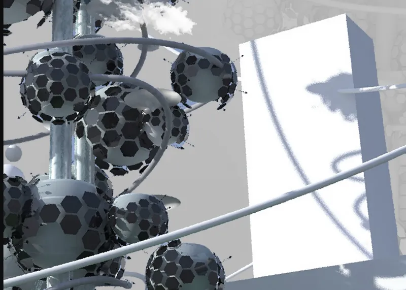 Close view of hexagonal-paneled spherical modules connected by tubular bridges casting shadows on white surfaces
