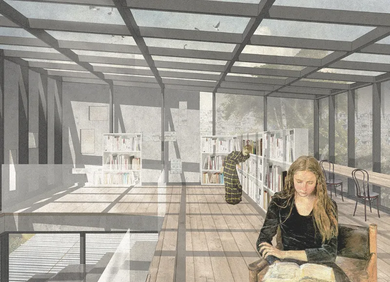 Interior rendering of a library with exposed ceiling beams, white bookshelves, and woman reading at a table
