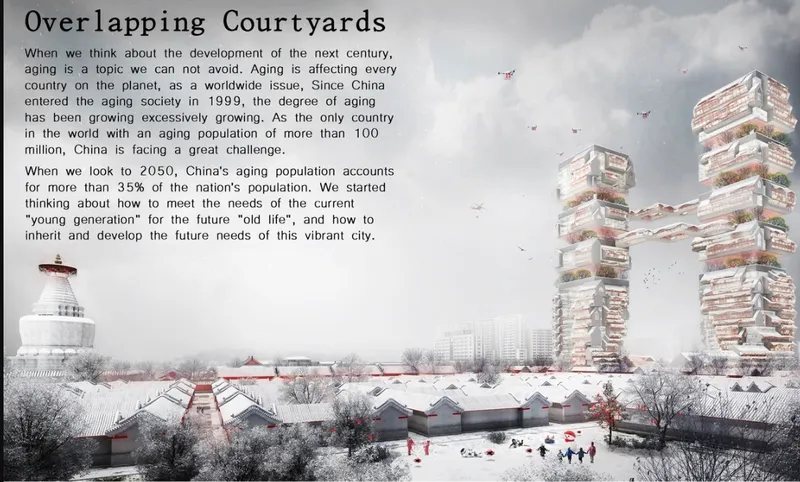 Rendering of stacked tower forms with layered platforms rising above snow-covered traditional rooftops and winter trees