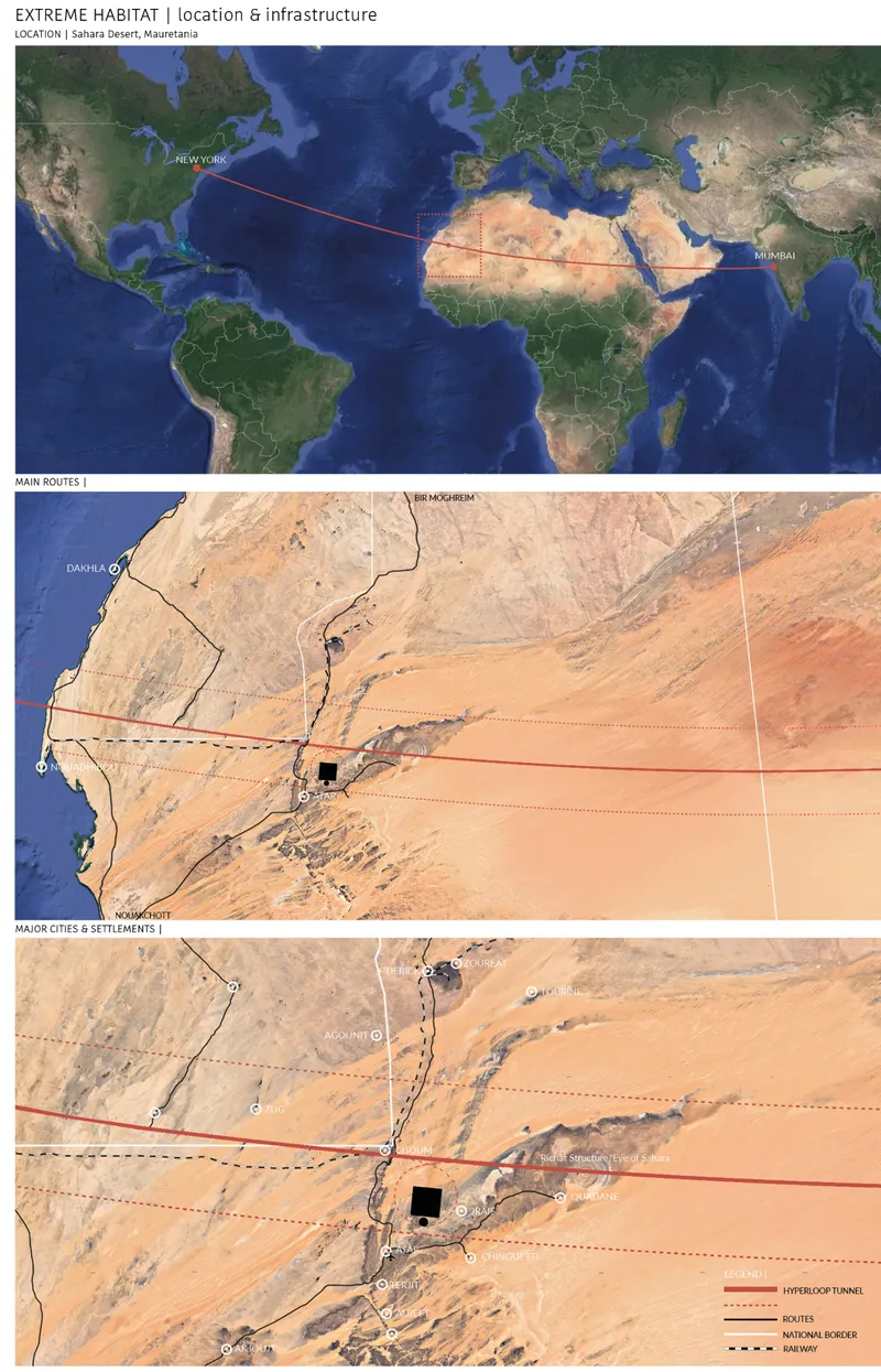 Satellite map showing the desert site location with route lines connecting it to distant cities
