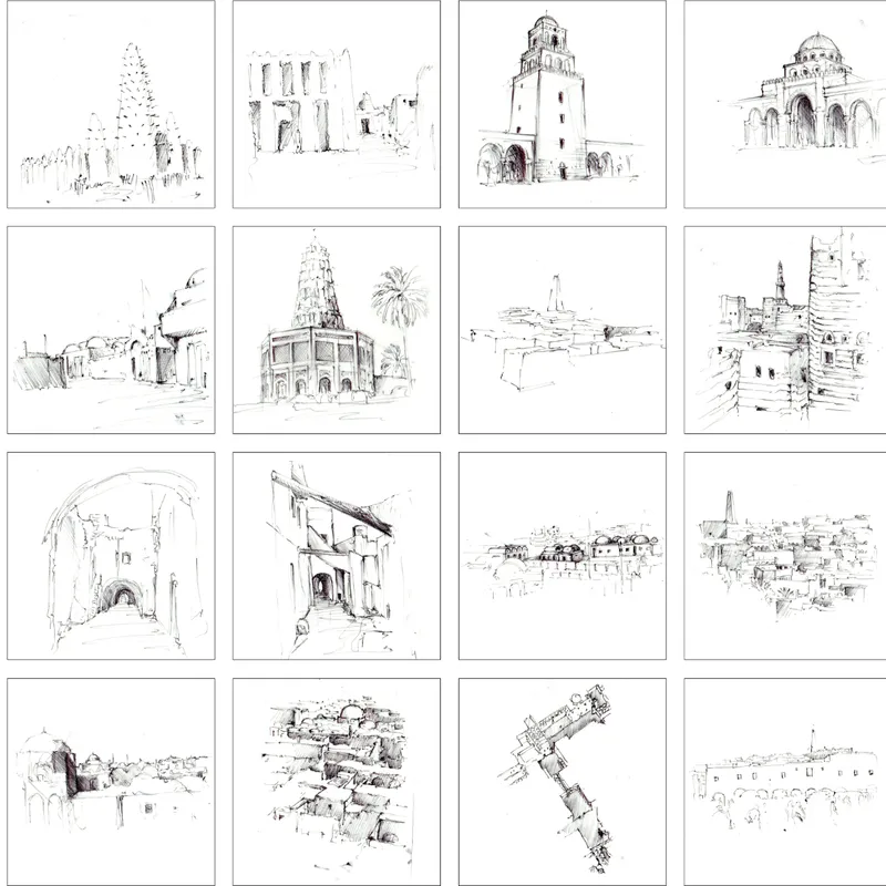 Collection of field sketches depicting various towers, arches, domes and urban settlements