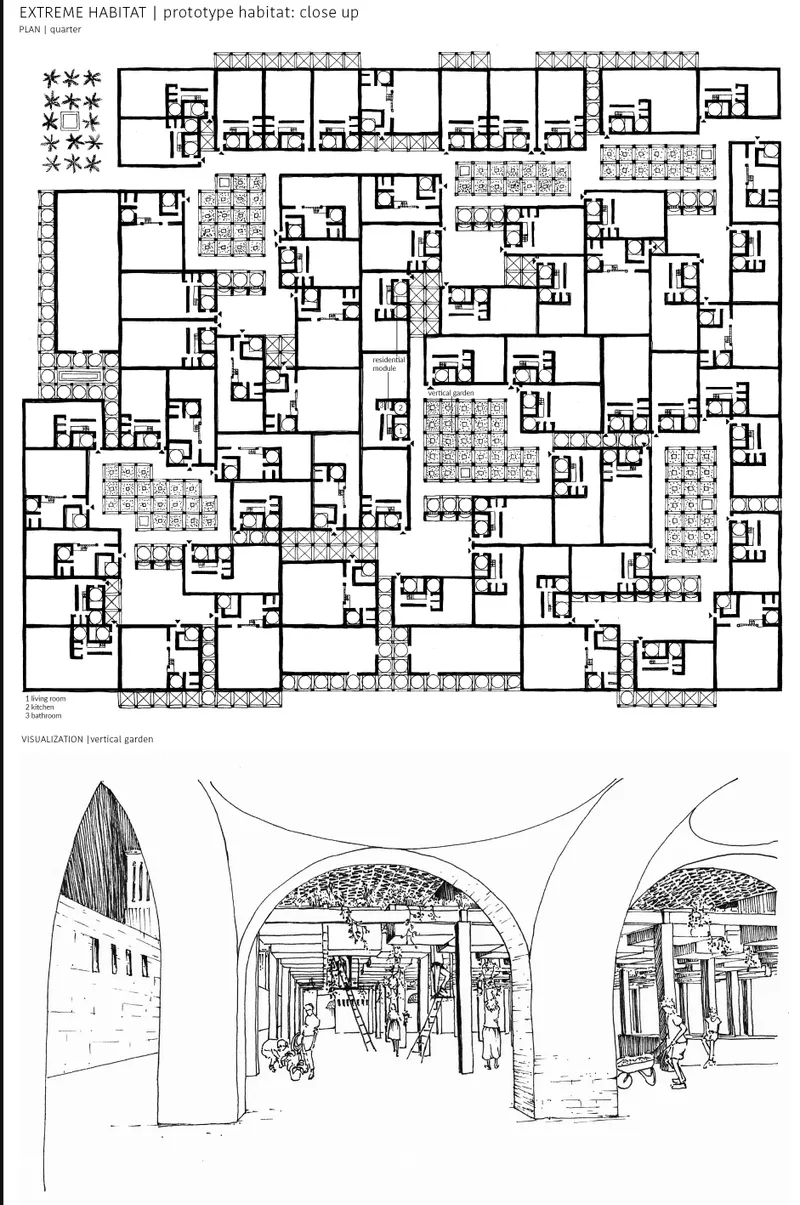 Plan drawing of clustered dwelling units with shared courtyards and perspective sketch of an arched colonnade