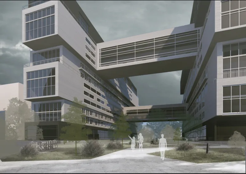 Rendering showing stacked volumes connected by elevated bridges with figures walking through a landscaped courtyard under stormy skies