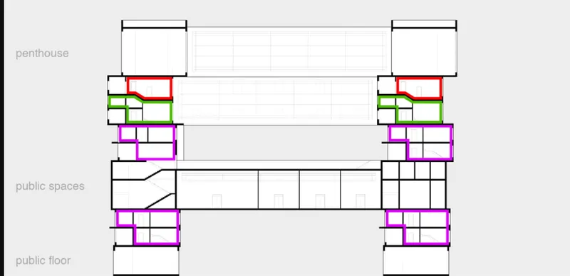 Section drawing showing stacked floor plates with highlighted penthouse, public spaces, and ground floor circulation zones