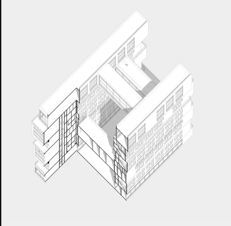 Axonometric drawing showing interlocking rectangular volumes forming an open courtyard with glazed corner towers