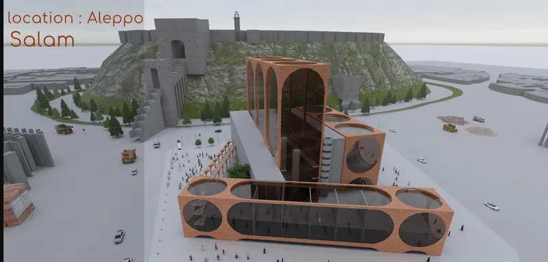 Aerial view of the brick-clad structure with circular openings and arched tower before a fortified hill