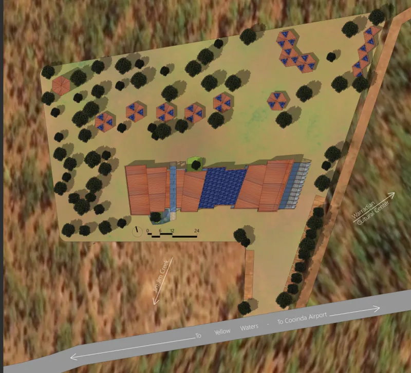 Site plan drawing showing building volumes, hexagonal pavilion structures, and tree planting layout with circulation arrows