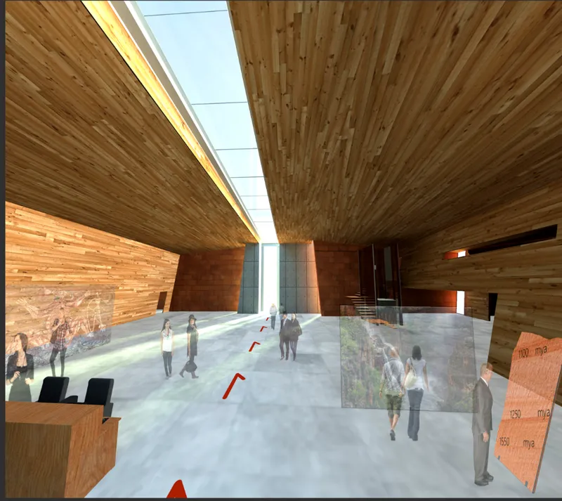 Interior lobby with timber-clad ceiling and walls, continuous skylight, and visitors scattered across polished concrete floor