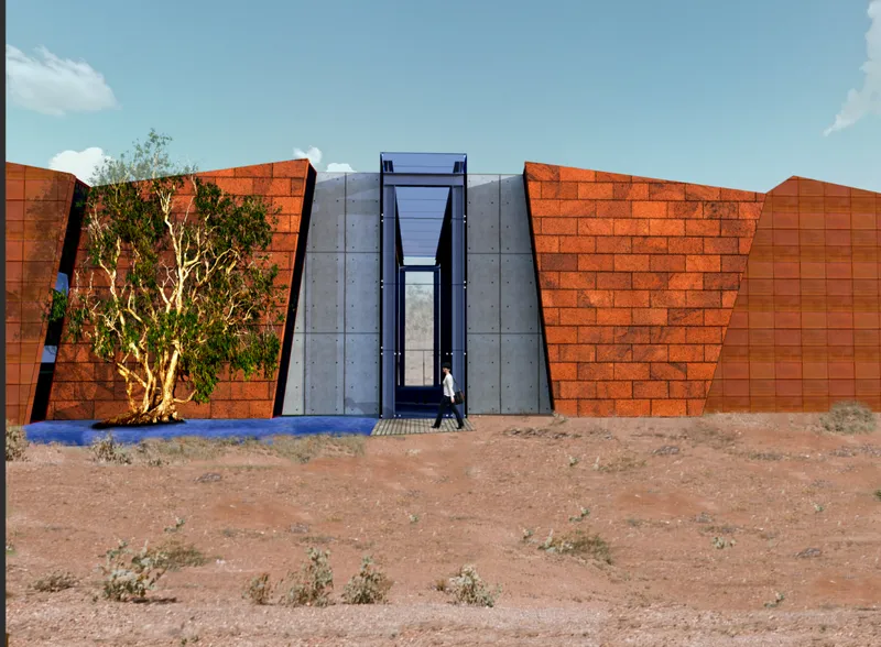 Entrance facade with angled rust-colored tile walls flanking a glass portal and single figure approaching