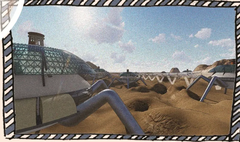 Rendered aerial view of tent-like structures with curved connectors scattered across a desert landscape