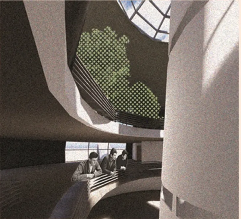 Interior view looking up at a green lattice screen suspended beneath a skylight with people working below