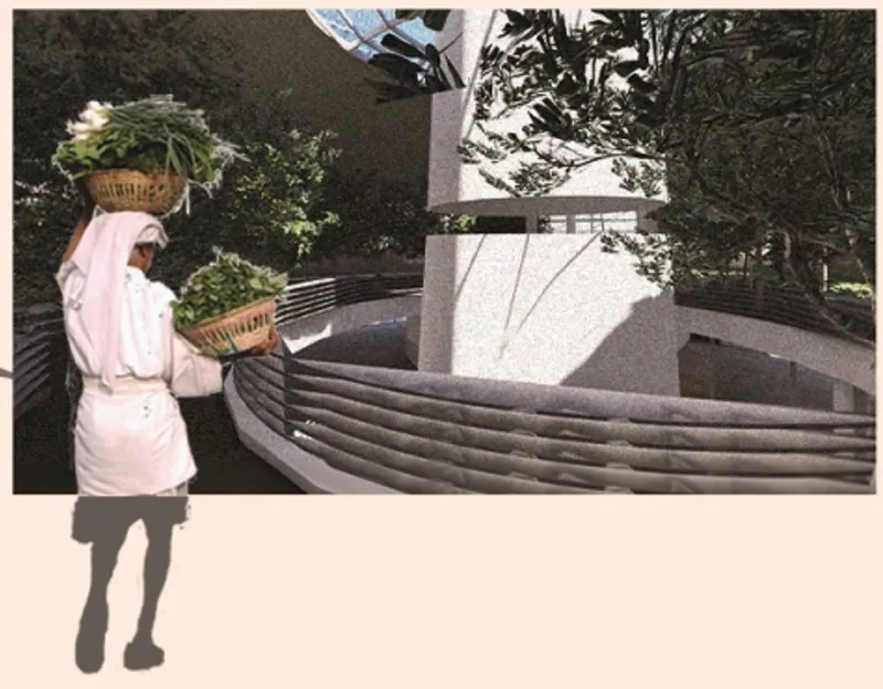 Person carrying baskets approaching a terraced planter structure with stepped concrete walls in a wooded setting