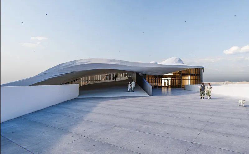 Entry plaza with figures approaching the curved canopy and glazed timber facade at dusk