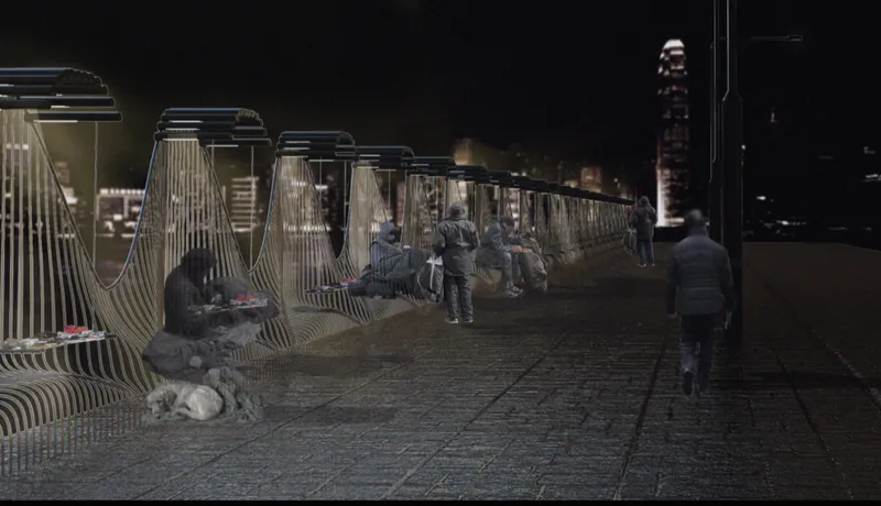 Perspective view along row of arched slat enclosures with people seated and walking at night