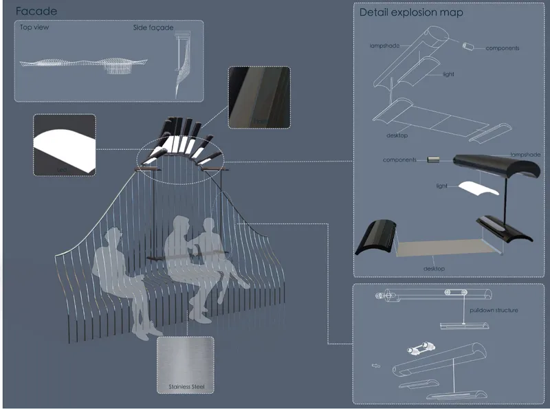 Technical drawing showing exploded axonometric assembly of pavilion components with material and fixture details