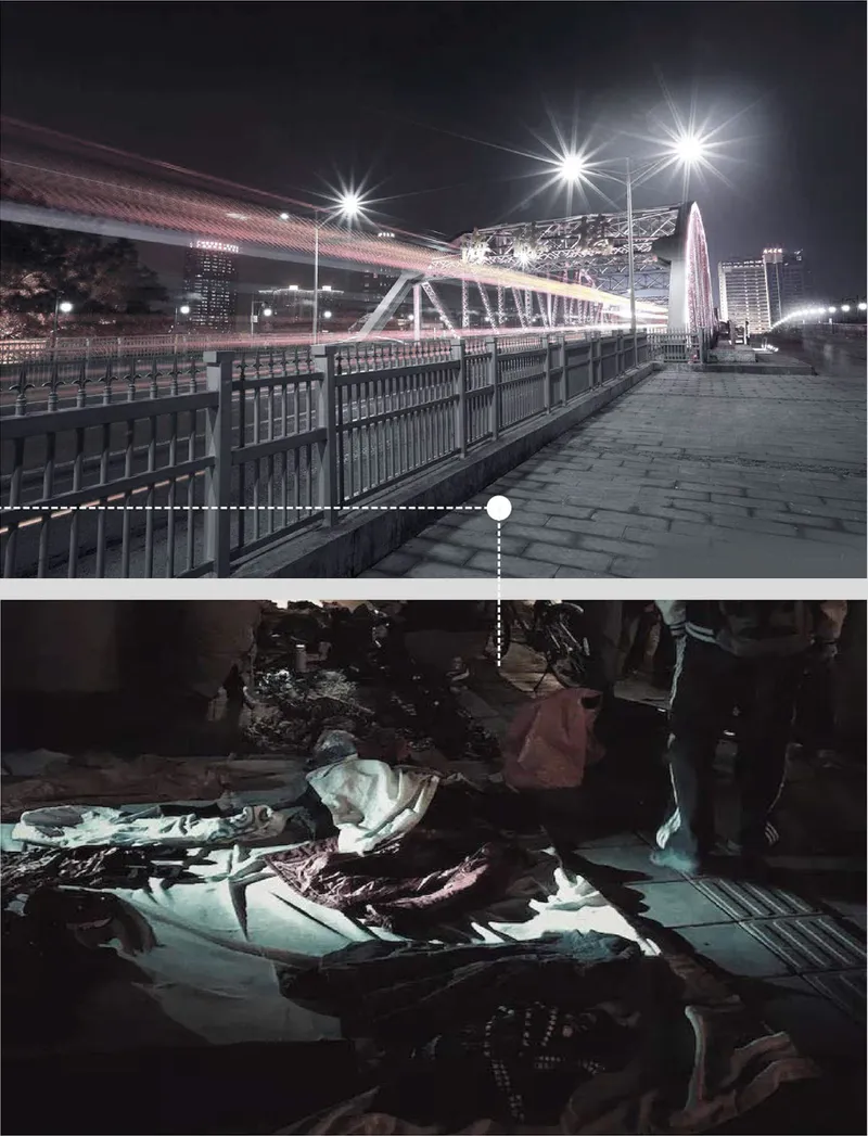 Photo comparison showing waterfront promenade at night above and homeless person sleeping below bridge structure