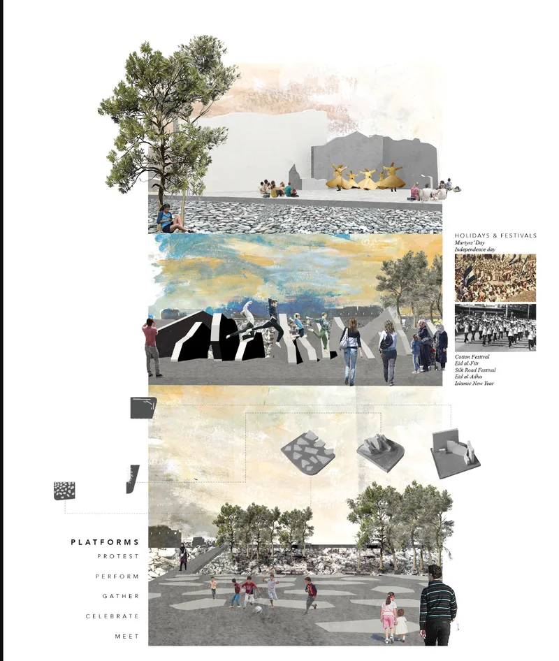 Collage illustrating proposed public platforms with gathered people, trees and a stone paved plaza under hazy skies