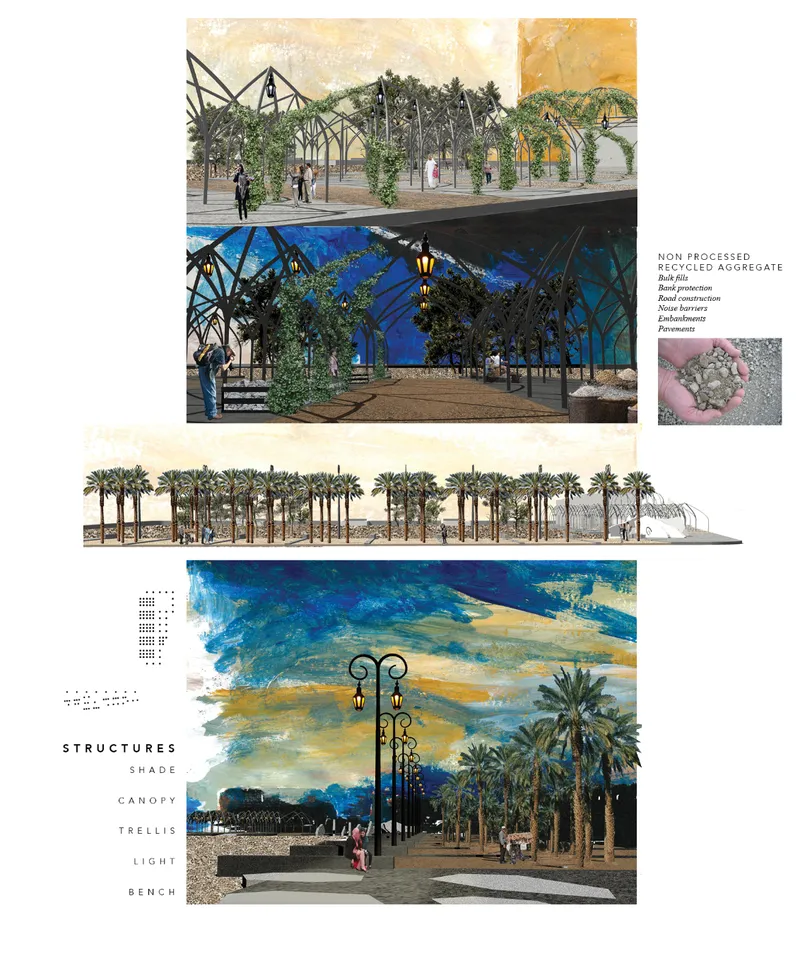 Composite rendering showing a green canopy structure, palm-lined promenade and lampposts along a waterfront under painted clouds