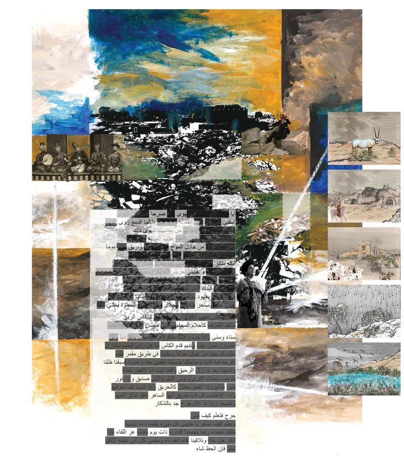 Collage board combining painted sky fragments, Arabic text blocks, archival photographs and landscape sketches