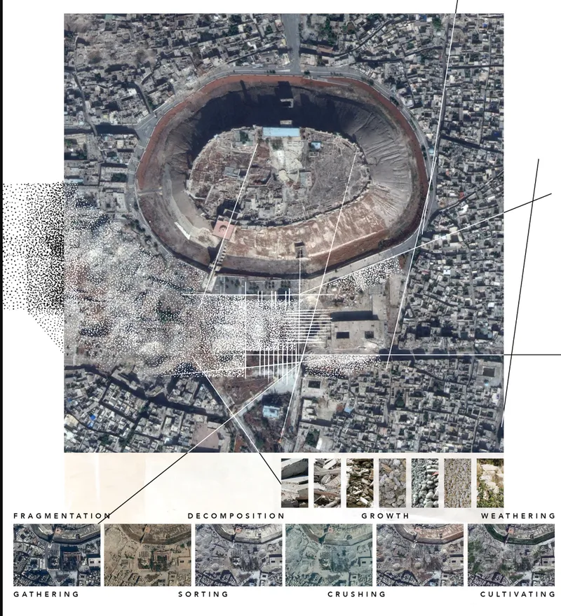 Aerial site analysis diagram showing a circular amphitheater surrounded by dense urban fabric with overlaid process labels