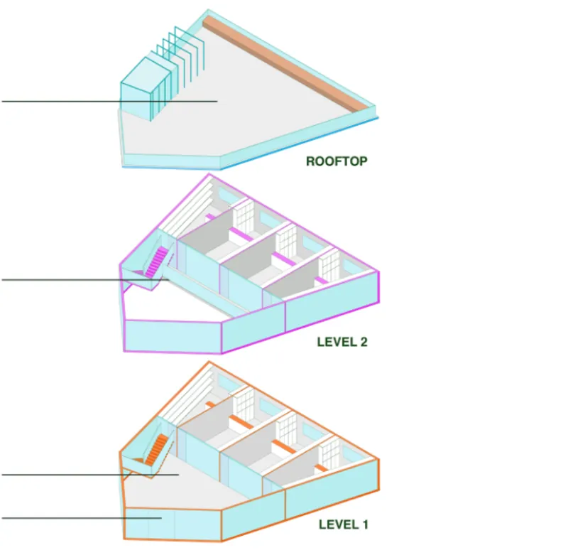 Exploded axonometric drawing showing rooftop and two levels with stairs and interior partitions