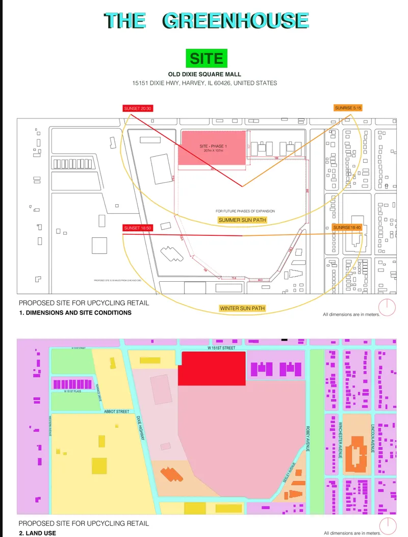 Two site plan drawings indicating building location, sun paths, and surrounding land use patterns