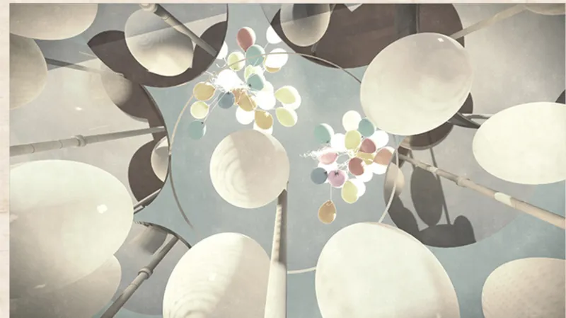 Overhead view of white disc-shaped canopies arranged across a plaza with people seated beneath them