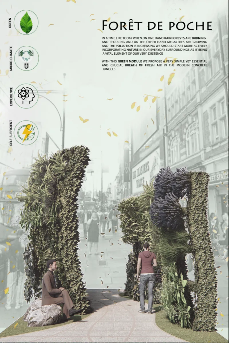 Rendering of planted vertical columns flanking a pedestrian path with visitors seated on a stone