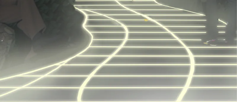 Illuminated stair treads with linear LED strips embedded in curving steps under atmospheric mist