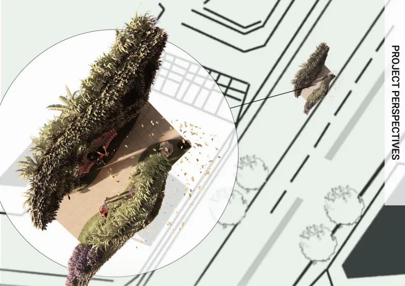 Perspective rendering showing planted vertical walls with pedestrians walking between vegetated structures overlaid on site plan