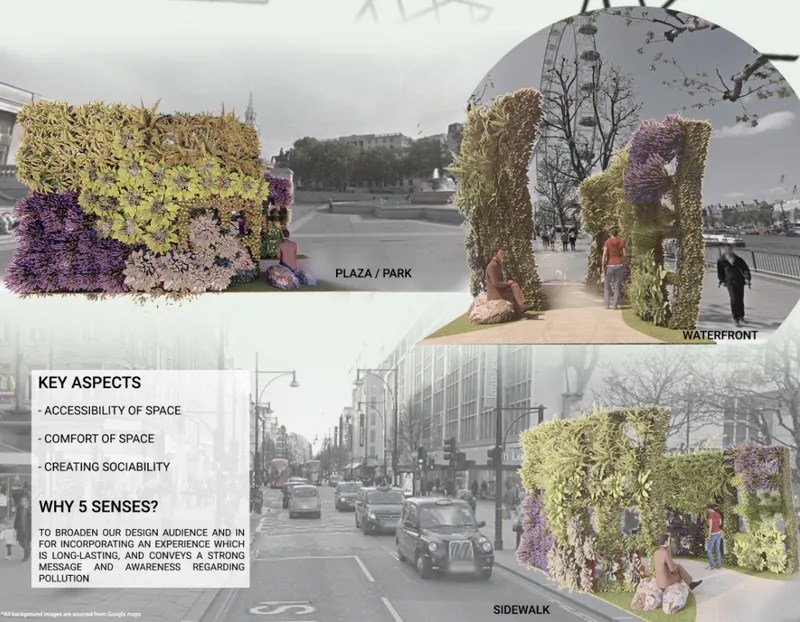 Presentation board showing planted vertical structures integrated into plaza, waterfront, and sidewalk contexts