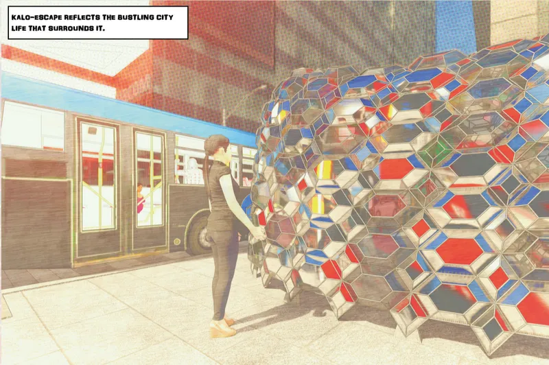Hexagonal pavilion with multicolored dichroic panels and a figure touching the iridescent surface on a sunny sidewalk