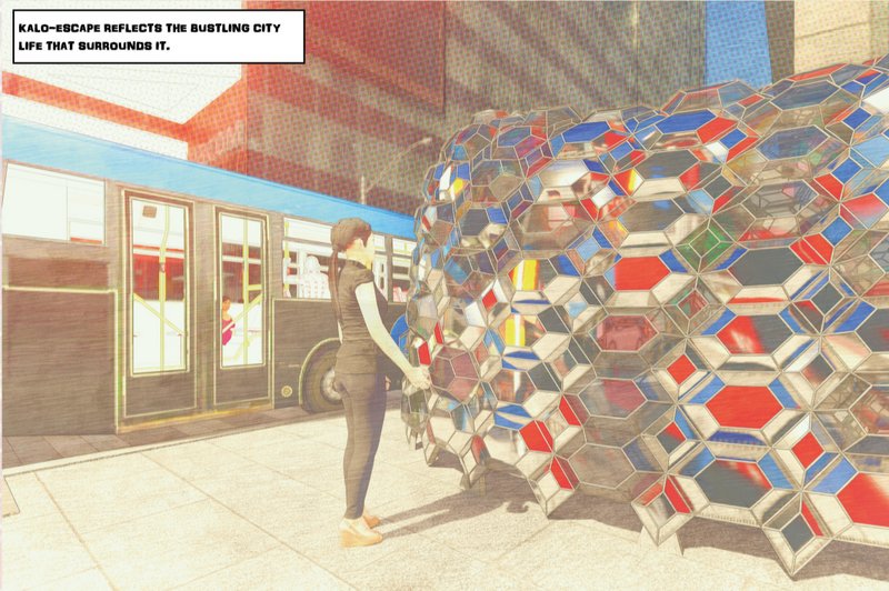 Hexagonal pavilion with multicolored dichroic panels and a figure touching the iridescent surface on a sunny sidewalk