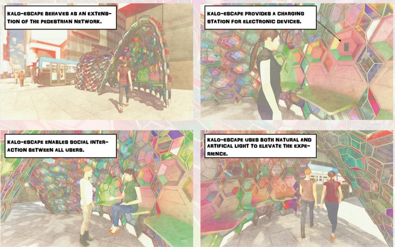 Four views of the hexagonal pavilion showing people gathering beneath it and using the integrated charging station