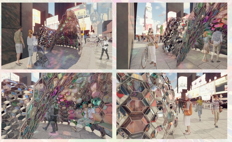 Four street-level views of the installation with pedestrians and cyclists passing through the urban plaza