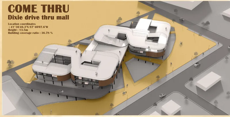 Aerial axonometric rendering showing three connected rounded volumes with white roofs on a sandy site
