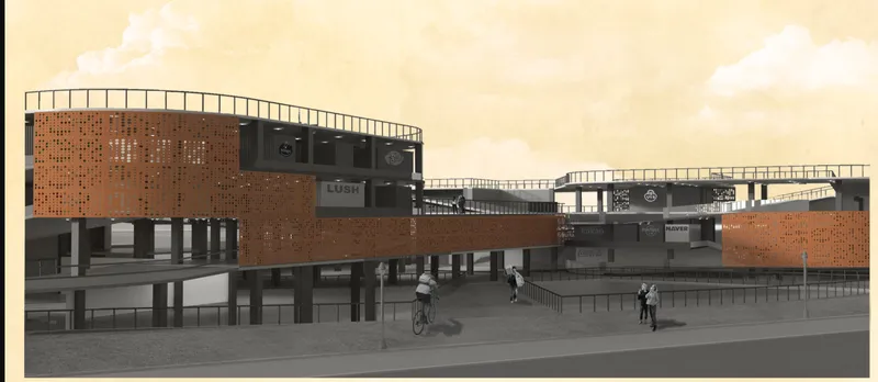 Rendering of perforated brick facade elevated on dark columns with cyclists and pedestrians below