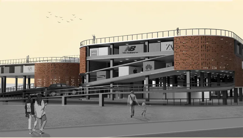 Exterior view of the curved brick volumes with roof terrace railings and figures in the foreground
