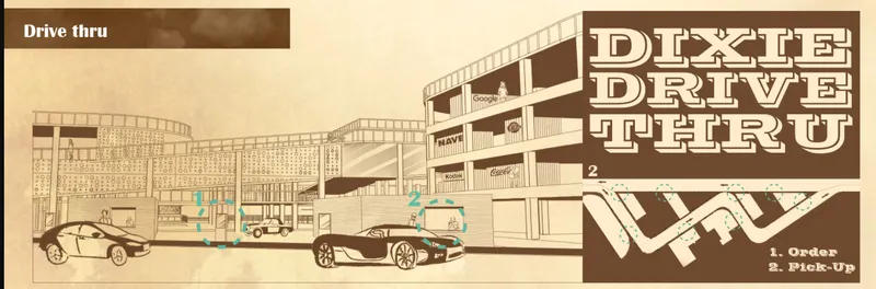 Section drawing showing the drive-through lanes with vehicles passing beneath the elevated structure