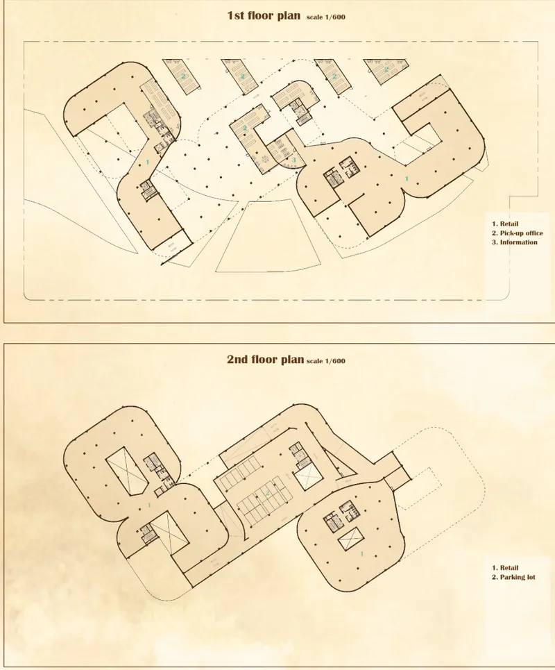 Floor plan drawings showing two levels with organic curved retail spaces and central circulation core