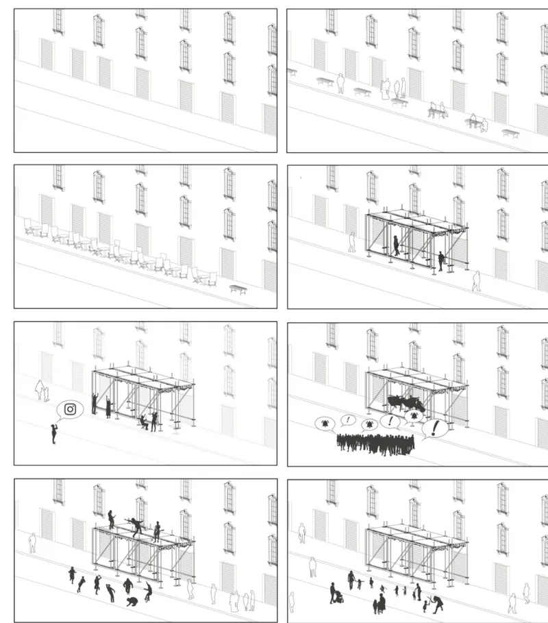 Sequence drawing showing the installation and activation of a street canopy structure against a building facade