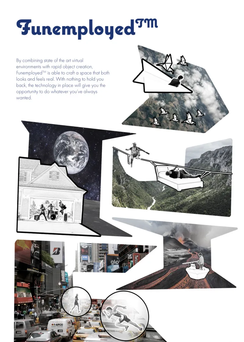 Collage showing hybrid environments with floating architectural volumes populated by human figures