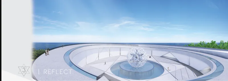 Rooftop courtyard view with circular reflecting pool and geometric sphere sculpture under clear blue sky