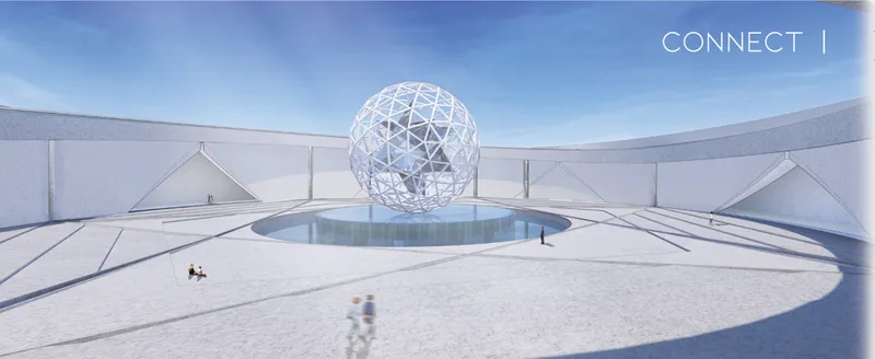 Central courtyard with shallow pool surrounding a white geodesic sphere beneath a pale sky