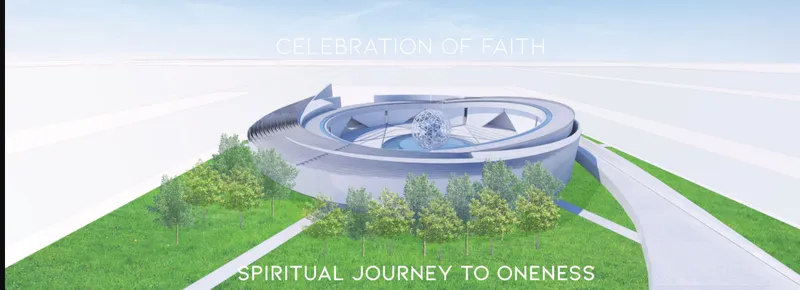 Aerial rendering of a circular building with spiral ramps and central courtyard surrounded by lawn and trees