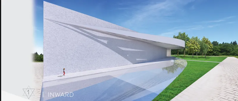 Exterior view of a white cantilevered facade with triangular perforations beside a reflecting pool and grass lawn